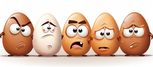cute vector illustration of a group of angry eggs looking right into the camera with a white backdrop and no shadows, in the style of Craig McCracken, paranoid sensitivity, Dave Coverly, light pink and light brown palette, creative commons attribution, Brothers Hildebrandt, pensive poses --ar 77:34