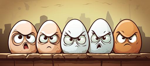 cute vector illustration of a group of angry eggs looking right into the camera against a 'Hood backdrop, in the style of Craig McCracken, paranoid sensitivity, Dave Coverly, light pink and light brown palette, creative commons attribution, Brothers Hildebrandt, pensive poses --ar 77:34