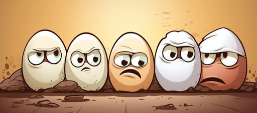cute vector illustration of a group of angry eggs looking right into the camera against a 'Hood backdrop, in the style of Craig McCracken, paranoid sensitivity, Dave Coverly, light pink and light brown palette, creative commons attribution, Brothers Hildebrandt, pensive poses --ar 77:34