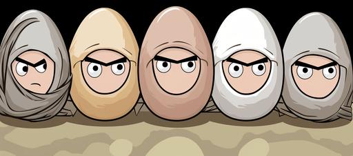 cute vector illustration of a group of angry eggs with a 'Hood backdrop, in the style of Craig McCracken, paranoid sensitivity, Dave Coverly, light pink and light brown palette, creative commons attribution, Brothers Hildebrandt, pensive poses --ar 77:34