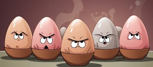cute vector illustration of a group of angry eggs with a 'Hood backdrop, in the style of Craig McCracken, paranoid sensitivity, Dave Coverly, light pink and light brown palette, creative commons attribution, Brothers Hildebrandt, pensive poses --ar 77:34