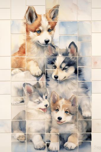 cute watercolor huskie puppies, tile, --ar 60:90