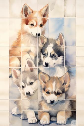 cute watercolor huskie puppies, tile, --ar 60:90