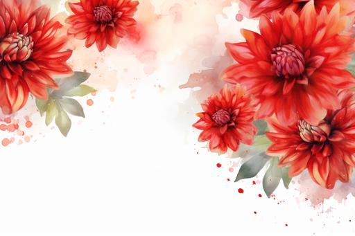 cute watercolor red dahlia flowers background and frame design on white background luxurious wedding invitation card ,Soft illumination, high detail, hyper quality, high resolution, FHD, 1080P, copy-space, empty space for text, postcard, greeting card design --ar 3:2 --s 750 --v 5.1