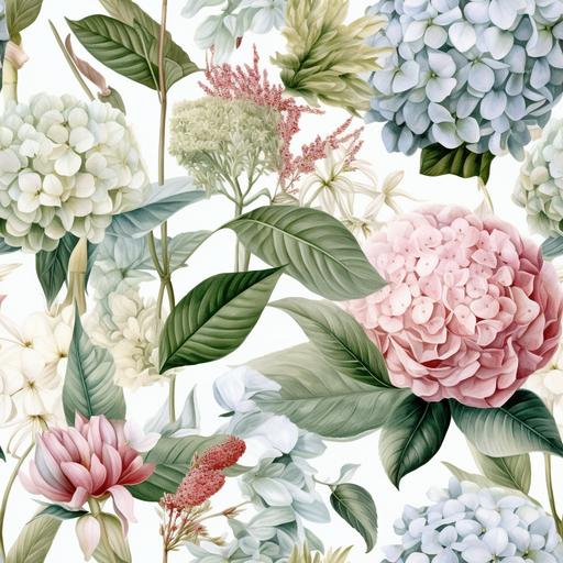 cute watercolour peony and buds, hydrangea, eucalyptus sprigs, and various smaller flowers seamless pattern, like Georgia O'Keeffe hd in a softer watercolor style, hyperrealistic, 10K, extra detailed, modern, soft lighting, vector graphic, intricate details, high definition realistic details, flower seamless pattern, Mary Blair colorbook, high detail, ultra-high quality, high-resolution, high-definition, 16K, 3D render --ar 932:932 --tile --v 5.1