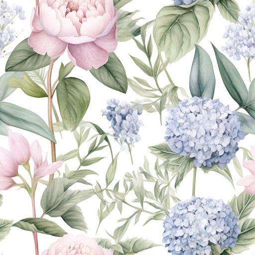 cute watercolour peony and buds, hydrangea, eucalyptus sprigs, and various smaller flowers seamless pattern, like Georgia O'Keeffe hd in a softer watercolor style, hyperrealistic, 10K, extra detailed, modern, soft lighting, vector graphic, intricate details, high definition realistic details, flower seamless pattern, Mary Blair colorbook, high detail, ultra-high quality, high-resolution, high-definition, 16K, 3D render --ar 932:932 --tile --v 5.1