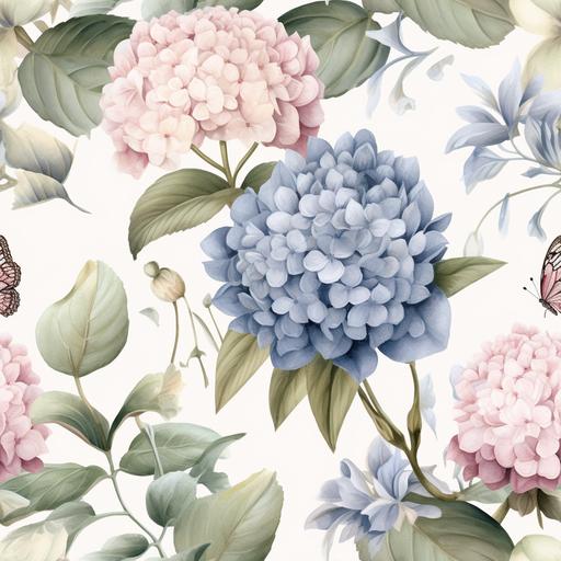 cute watercolour peony and buds, hydrangea, eucalyptus sprigs, and various smaller flowers seamless pattern, like Georgia O'Keeffe hd in a softer watercolor style, hyperrealistic, 10K, extra detailed, modern, soft lighting, vector graphic, intricate details, high definition realistic details, flower seamless pattern, Mary Blair colorbook, high detail, ultra-high quality, high-resolution, high-definition, 16K, 3D render --ar 932:932 --tile --v 5.1