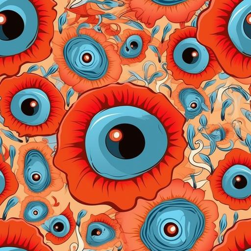 cute weird poppies floral pattern, unside down peacock eyes, stited clockwork orange, reds and sky pod blue --tile --s 750