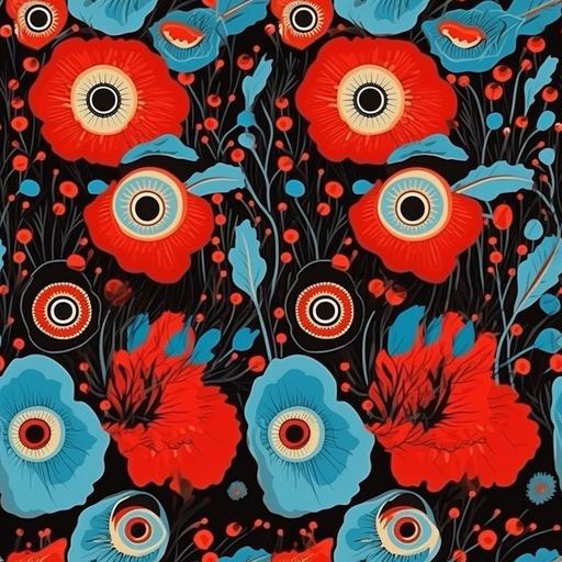 cute weird poppies floral pattern, unside down peacock eyes, stited clockwork orange, reds and sky pod blue --tile --s 750