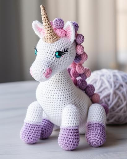cute white and pink and purple crocheted unicorn jazz :: --v 5 --ar 4:5
