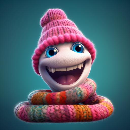 cute white girl snake with hugh cute eyes curled up huge smile and long pink tongue reggae style colorful wool hat pixar style