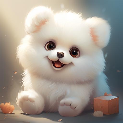 cute white pomeranian character with teddy bear cut with funny meme face