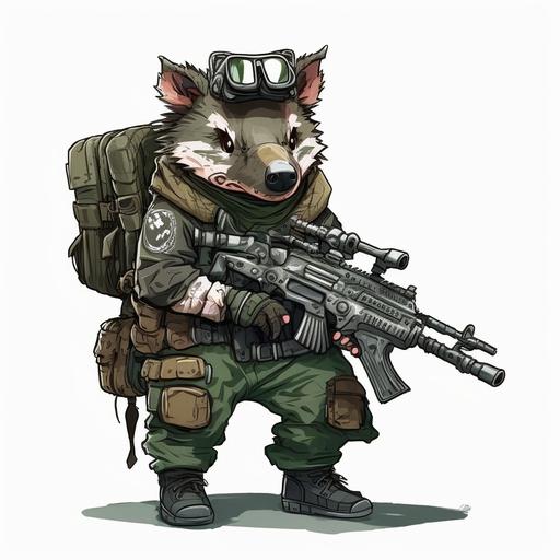cute wild boar with big tusks full body portrait drawing as a call of duty warzone operator with an assault rifle, white background