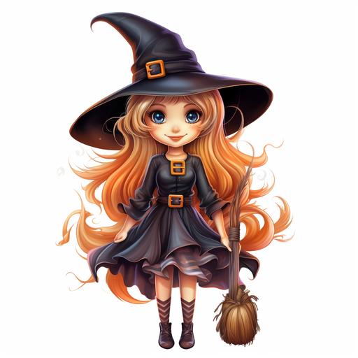 cute witch with broom halloween clipart high quality white background