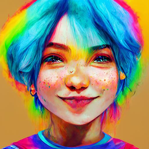cute woman with bright blue hair, blowing bubble gum bubble, wearing rainbow t-shirt, vibrant, ultra realalistic