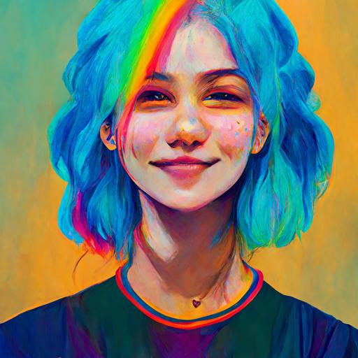 cute woman with bright blue hair, blowing bubble gum bubble, wearing rainbow t-shirt, vibrant, ultra realalistic