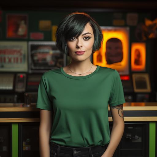 cute woman with short hair wearing a blank flat green t-shirt, she is in a bar standing by jukebox, shirt is loose with minimal wrinkles, shirt is untucked, photorealistic