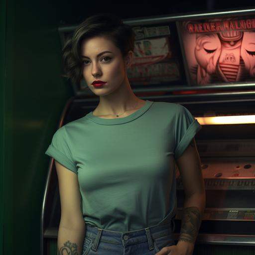 cute woman with short hair wearing a blank flat green t-shirt, she is in a bar standing by jukebox, shirt is loose with minimal wrinkles, shirt is untucked, photorealistic