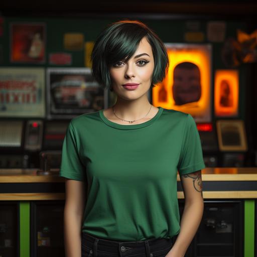 cute woman with short hair wearing a blank flat green t-shirt, she is in a bar standing by jukebox, shirt is loose with minimal wrinkles, shirt is untucked, photorealistic