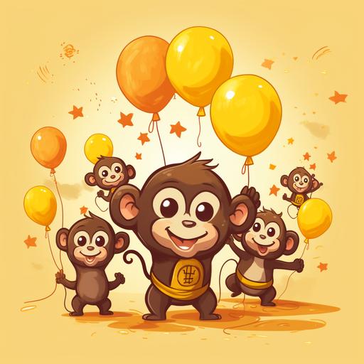 cute young monkey having a birthday blast with their monkey friends. cute and simple art style. yellow background.