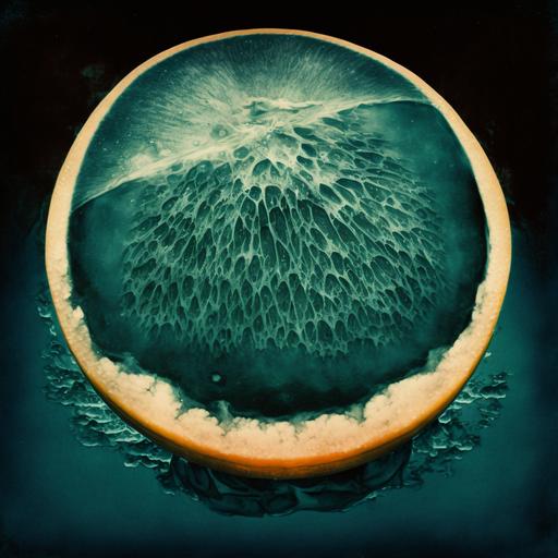 cyanotype of a dissolved moldy cantalope in a still pool of water --v 4