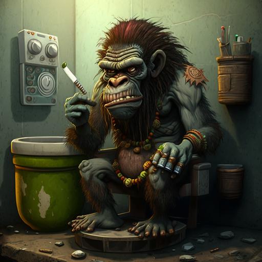 cyber ape rastafarian sitnig on toilet salt,cigaret,smoke,cartoon art