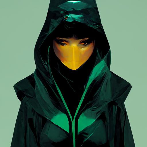 cyber assassin wearing cloak and hooded design character, mysterious dark, less gold and a little green, bikini::0.5