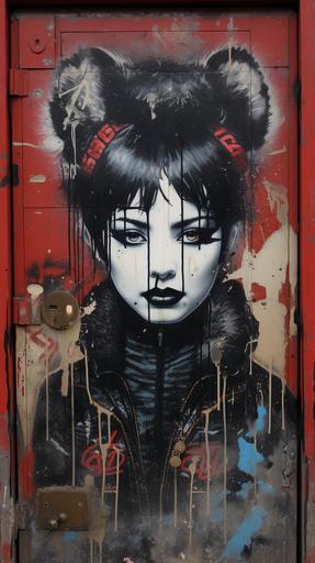 cybergoth panda fashion design sketch spray painted on old Parisian door, street photography, --ar 9:16