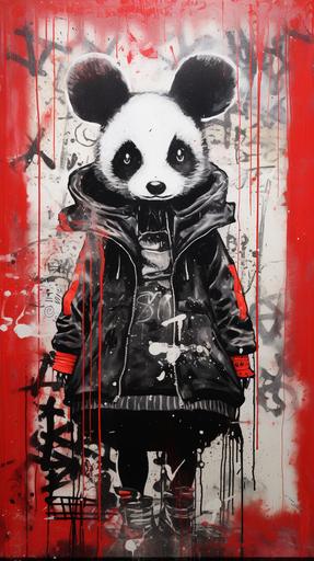cybergoth panda fashion design sketch spray painted on old Parisian door, street photography, --ar 9:16