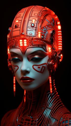 cybernetic lady cyberpunk, pulse circuits patterns, contour in colorful neon victorian lamp of cenobite kabuki make up, red brick background --ar 9:16
