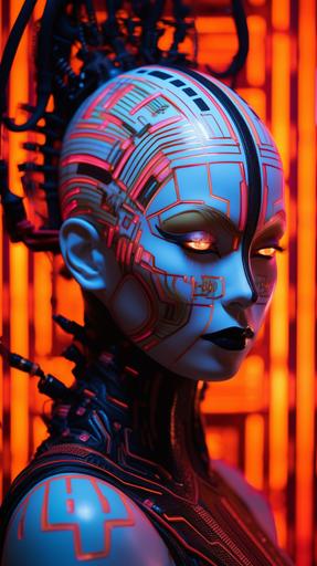 cybernetic lady cyberpunk, pulse circuits patterns, contour in colorful neon victorian lamp of cenobite kabuki make up, red brick background --ar 9:16