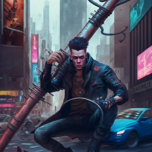 cyberpunk, angry man swinging metal pipe at air, Pete Davidson, leather jacket, full-length shot, city street background, --v 4