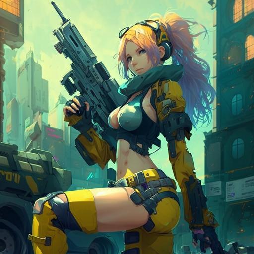 cyberpunk anime girl with gun, city scenario, anime style, blue and yellow colors --v 4