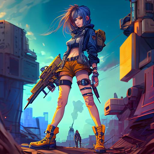 cyberpunk anime girl with gun, full body view, wide angle city scenario, anime style, blue and yellow colors --v 4