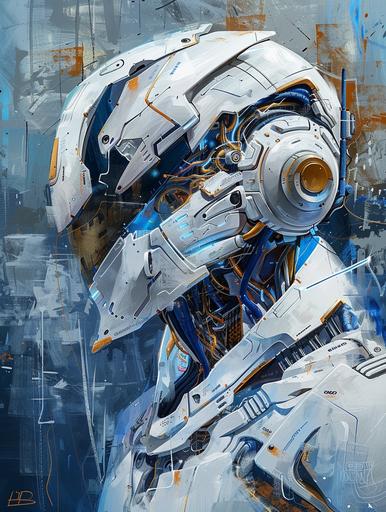 cyberpunk art portrait, futuristic robot in white, blue background, in the style of exotic birds, space pirate medieval fantasy, precise, detailed architecture paintings, ultra hd, dark silver and gold, victorian genre paintings, human connections --ar 3:4 --v 6.0