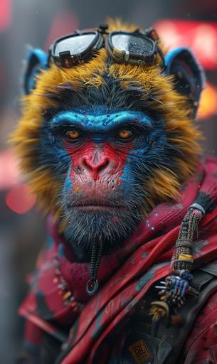 cyberpunk baboon, bioluminescent vinicunca features, neon red and blue nose, deep yellow beard, maya render, after effects, highly detailed, illustration, autodesk 3d cgi, davinciresolve, 8k, houdini --style raw --ar 3:5 --s 750 --v 6.0