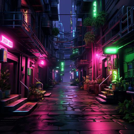 cyberpunk city alley way cinematic lighting neon pinks and greens — ar 9:16