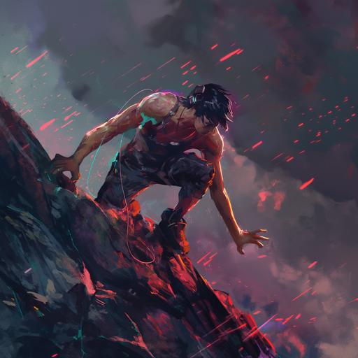 cyberpunk, dark dramatic character with shorter black hair repelling on the top of a mountain in workout apparel looking down and behind him extending a hand to another person that is off-screen, muscular, dark background with illuminescent bugs in the air around him colored in reds and blues and greens, jagged mountain, distressed, sweaty, torn, motivating, very long shot, dark skies with flashes of reds and whites --v 6.0