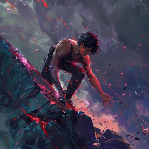 cyberpunk, dark dramatic character with shorter black hair repelling on the top of a mountain in workout apparel looking down and behind him extending a hand to another person that is off-screen, muscular, dark background with illuminescent bugs in the air around him colored in reds and blues and greens, jagged mountain, distressed, sweaty, torn, motivating, very long shot, dark skies with flashes of reds and whites