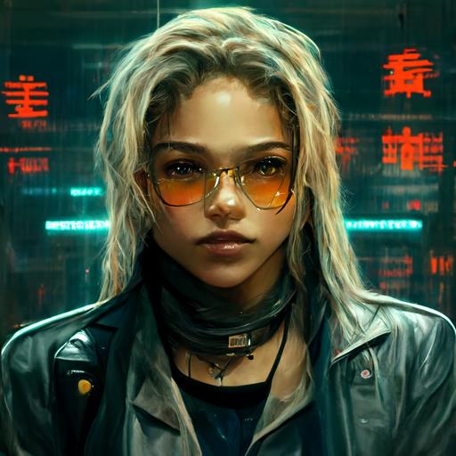 cyberpunk, leather jacket, female. blonde hair pistol on side, long hair, curly hair, tight jeans, roughish, smirk, fantasy, graffiti, bionic arm, cybernetics, 8k, ultra real, moon light, light brown skin, lasers, blazers, rzors, tasers, belt, glasses, authority, glossy, punk, running