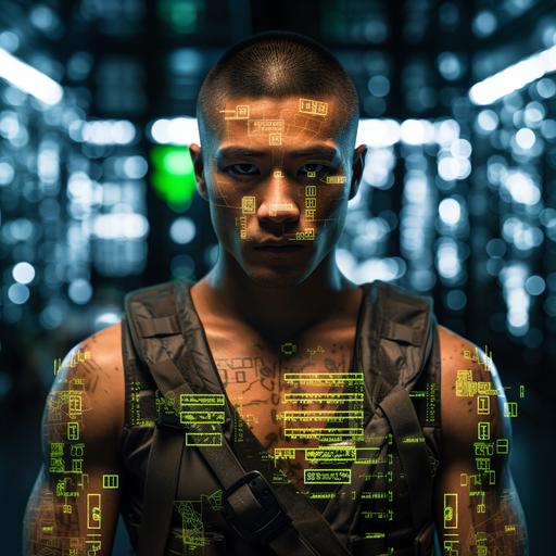 cyberpunk male Asian Australian hacktivist overlaid with glowing code and geometric shapes, in the style of cyberpunk interiors, nikon d850, sci-fi spectacle, cyberpunk, cybervillain, sharp focus, dynamic and action-packed, babycore, 8k resolution --weird 100 --no hoodie --s 250