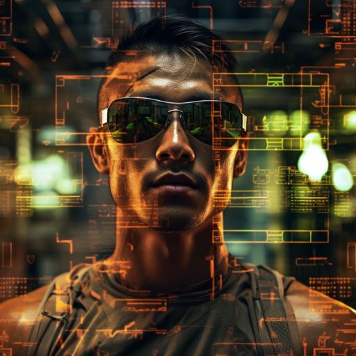 cyberpunk male Asian Australian hacktivist overlaid with glowing code and geometric shapes, in the style of cyberpunk interiors, nikon d850, sci-fi spectacle, cyberpunk, cybervillain, sharp focus, dynamic and action-packed, babycore, 8k resolution --weird 100 --no hoodie --s 250