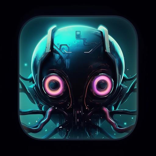 cyberpunk minimal art robotic SPACE SQUID looking at camera app icon logo --q 2 --v 5 --s 750