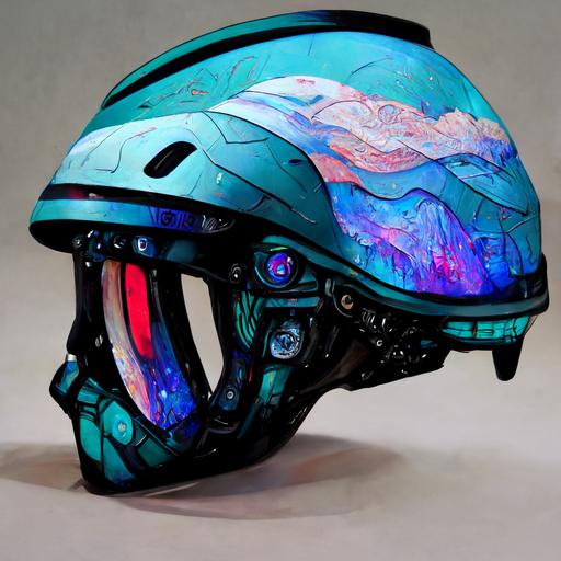 cyberpunk mountain bike full face helmet with galaxy showers, anime, line art, realistic, intricate ceramic android, sleek, H. R. Giger style