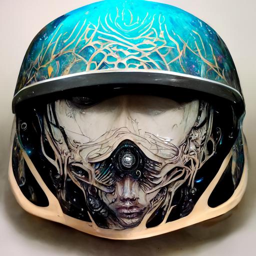 cyberpunk mountain bike full face helmet with galaxy showers, anime, line art, realistic, intricate ceramic android, sleek, H. R. Giger style