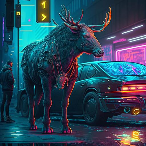 cyberpunk neon moose stood next to sports car