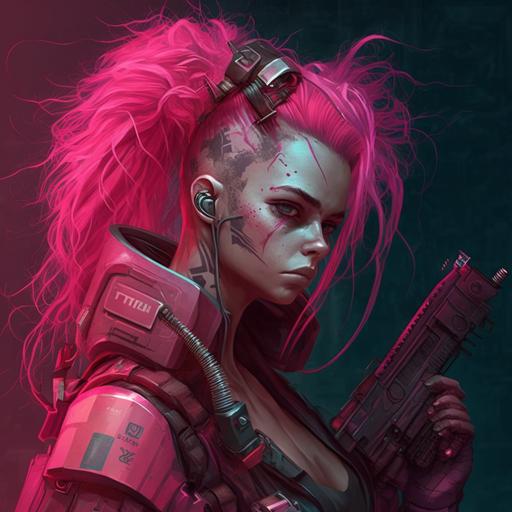cyberpunk pink girl that chewing gum with gun in hand