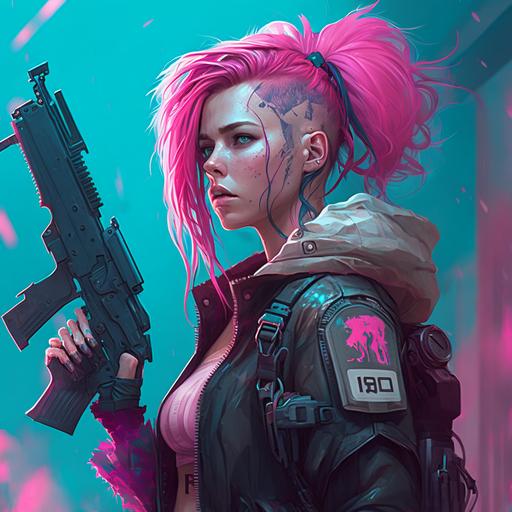 cyberpunk pink girl that chewing gum with gun in hand