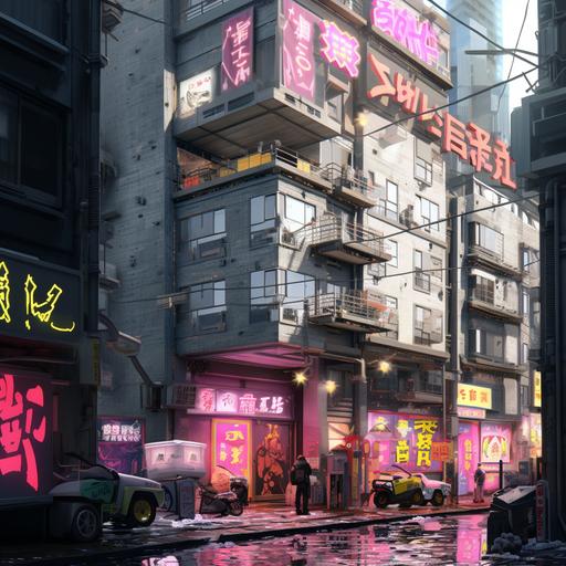 cyberpunk street. neon signs. crammed in buildings. --v 5.2