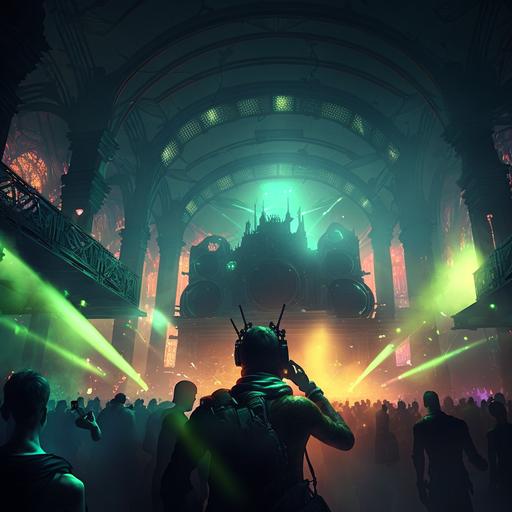 cyberpunk style, acid house rave, witches and wizards dancing, huge speakers, light show, hundreds of people, high definition, detailed, photorealistic, pagan, gothic, lazers, strobes, cinematic, epic, hyper-realistic, 16:9, 8k, v5